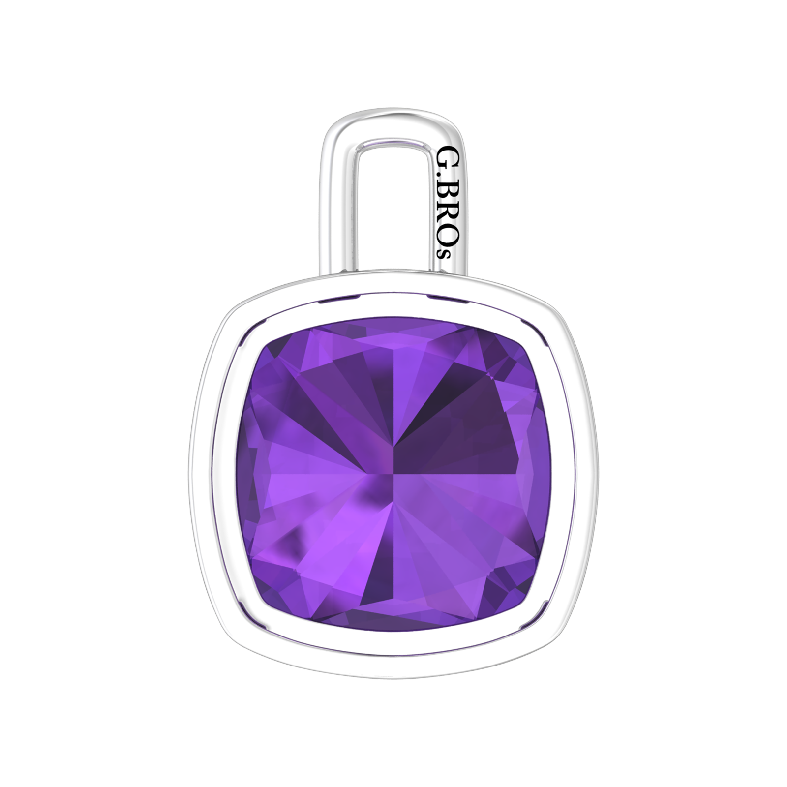Nova pendant attachment in a plain bezel setting with cushion shaped Amethyst Gardiner Brothers