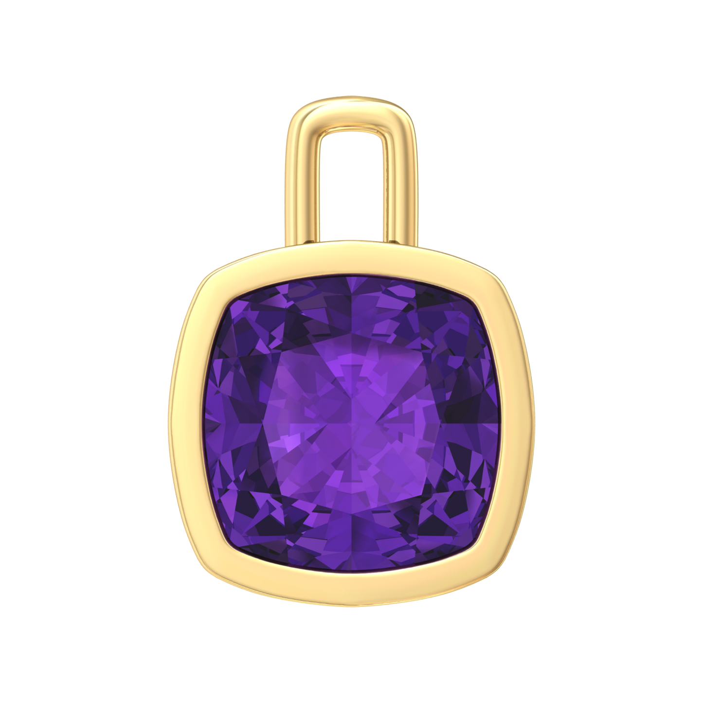 Nova pendant attachment in a plain bezel setting with cushion shaped Amethyst Gardiner Brothers Yellow Gold