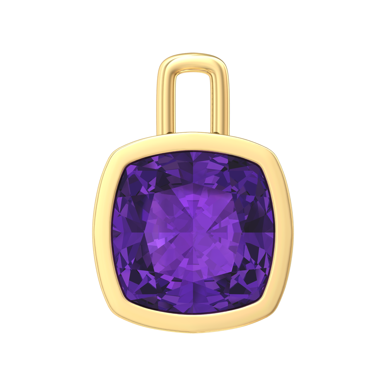 Nova pendant attachment in a plain bezel setting with cushion shaped Amethyst Gardiner Brothers Yellow Gold