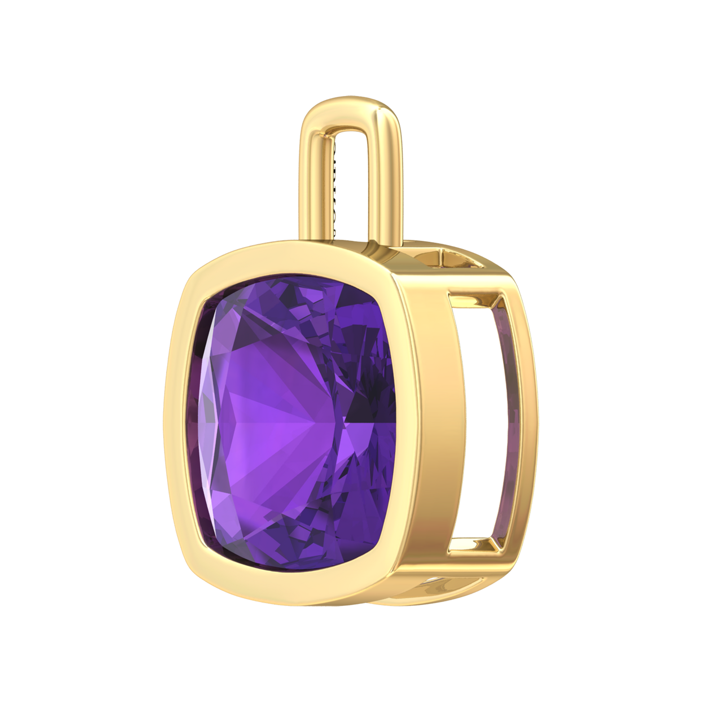 Nova pendant attachment in a plain bezel setting with cushion shaped Amethyst Gardiner Brothers