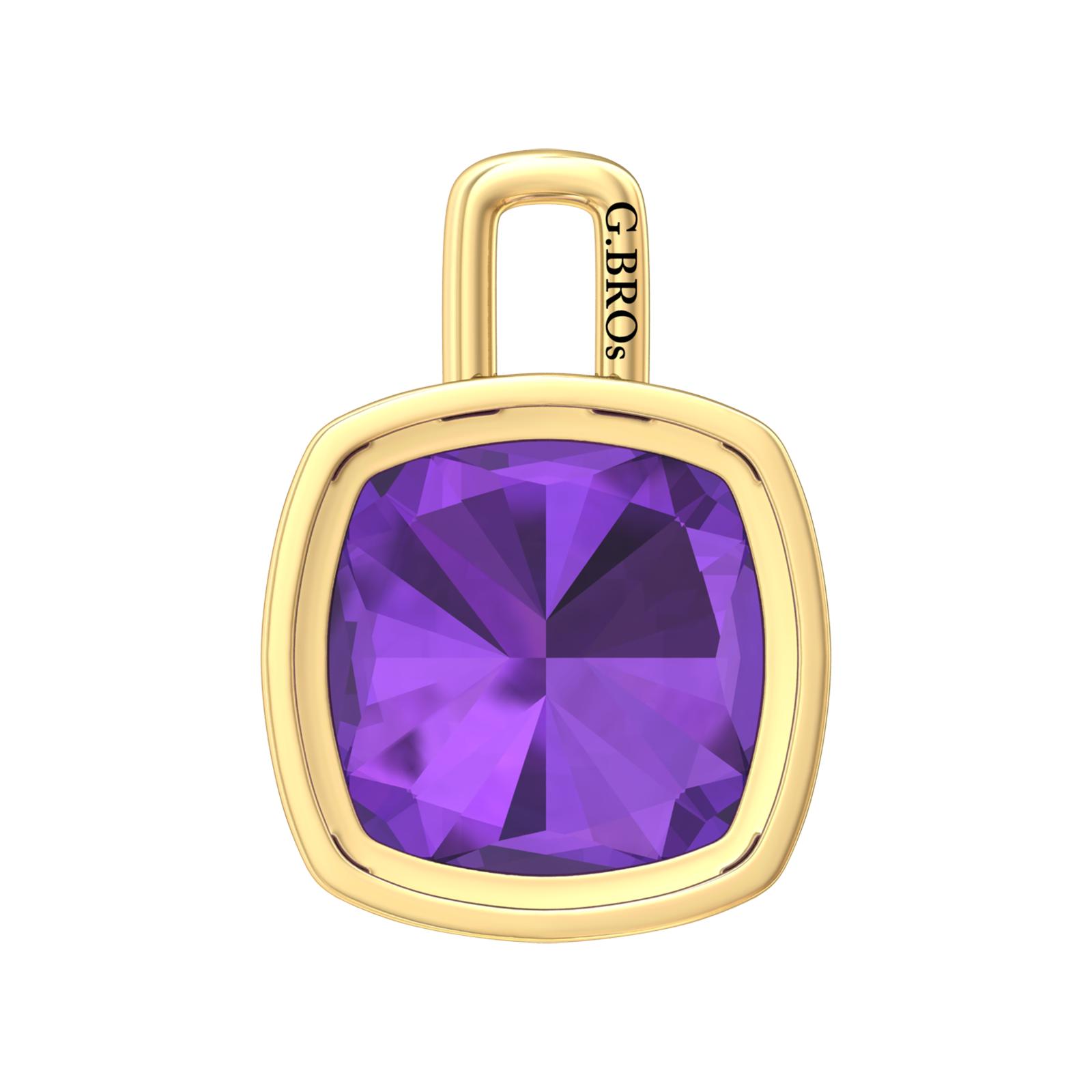 Nova pendant attachment in a plain bezel setting with cushion shaped Amethyst Gardiner Brothers