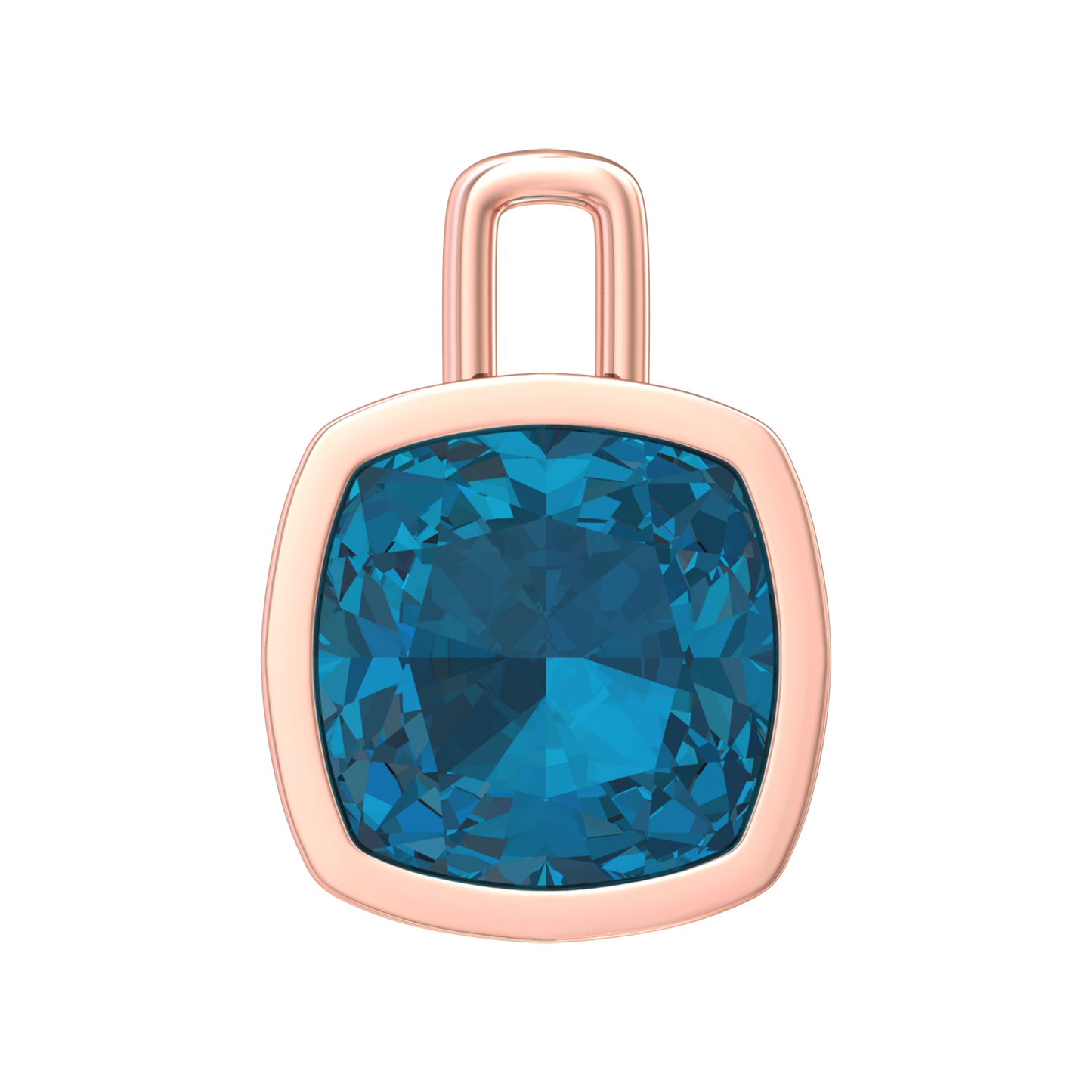 Nova pendant attachment in a plain bezel setting with cushion shaped London Blue Topaz Gardiner Brothers Rose Gold