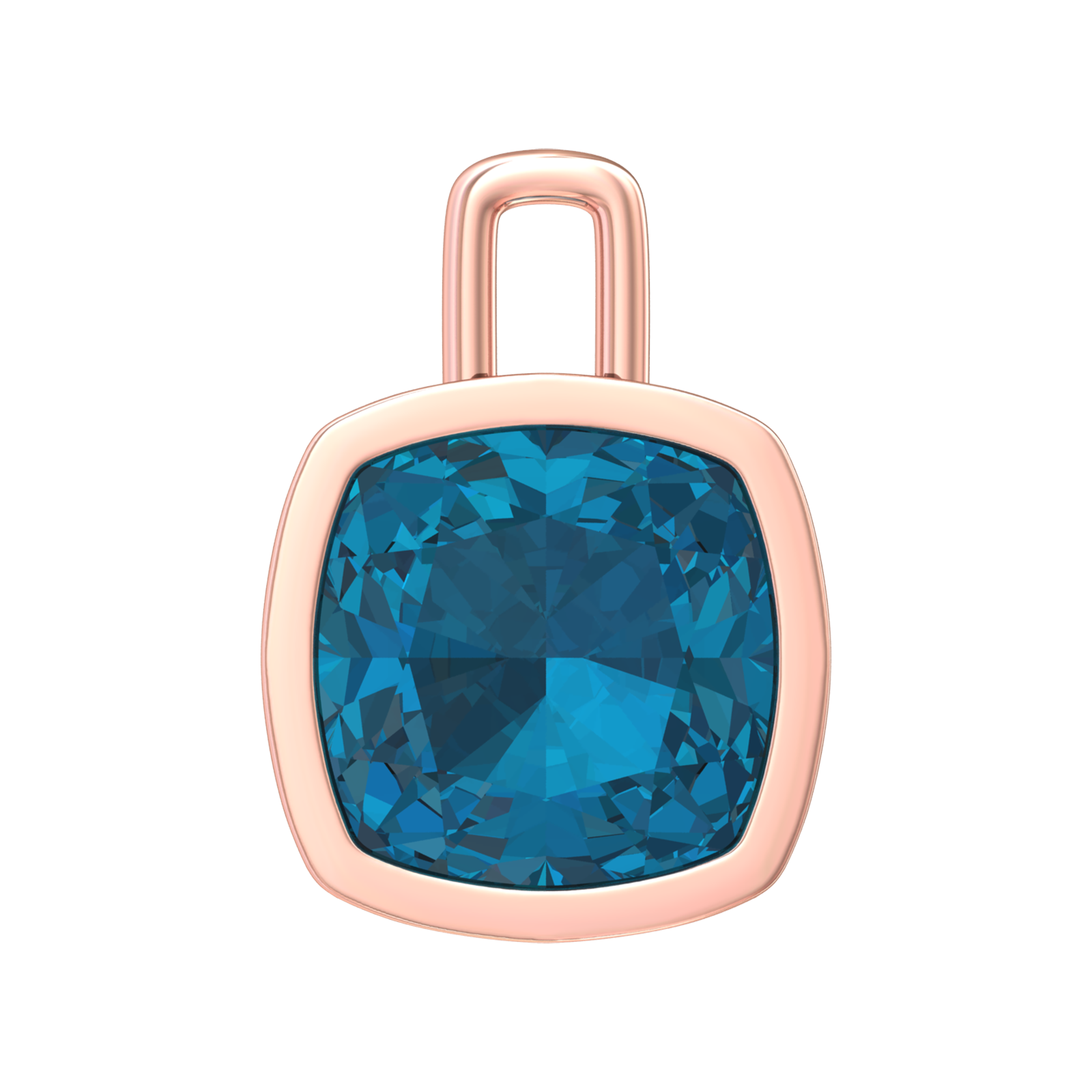 Nova pendant attachment in a plain bezel setting with cushion shaped London Blue Topaz Gardiner Brothers Rose Gold