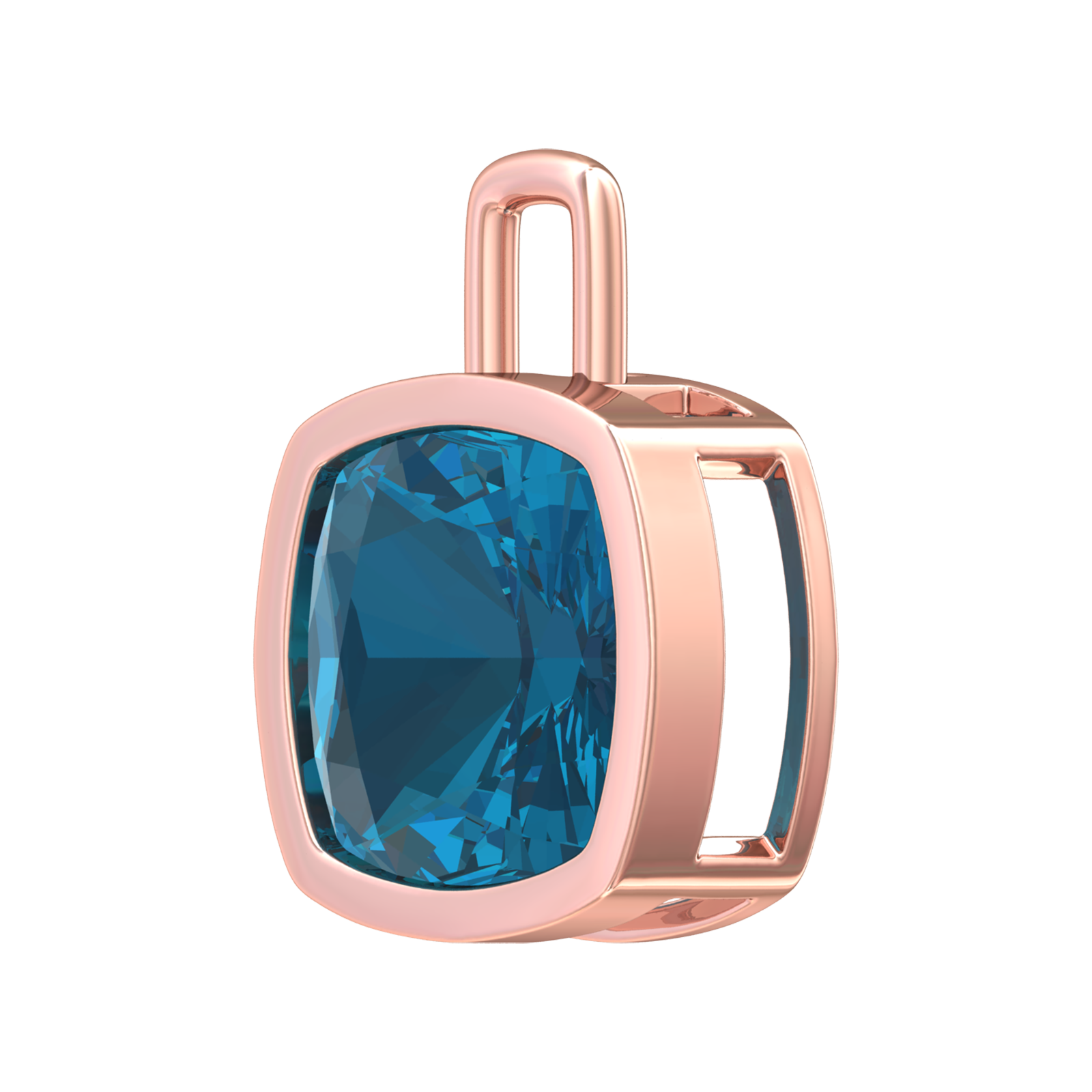 Nova pendant attachment in a plain bezel setting with cushion shaped London Blue Topaz Gardiner Brothers