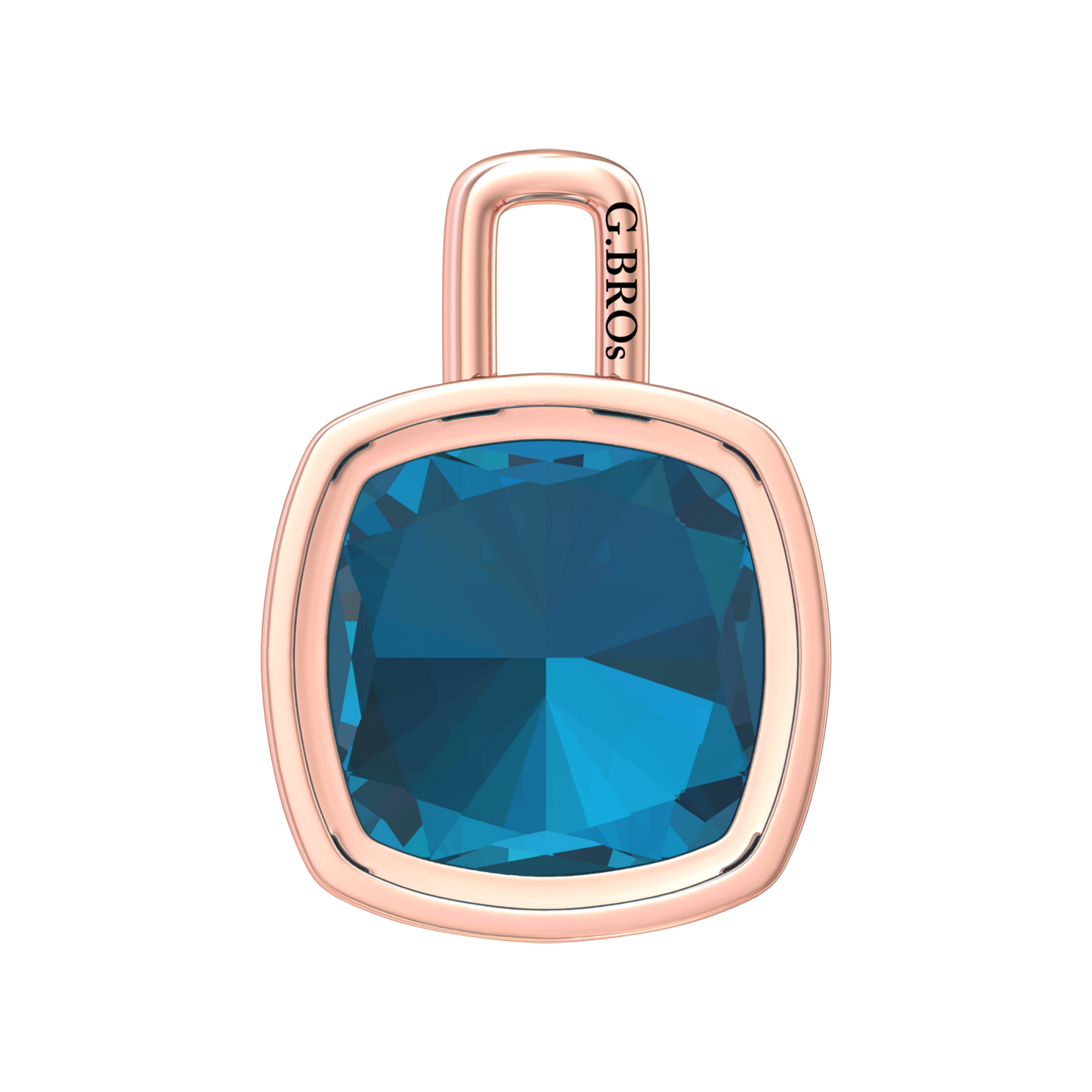 Nova pendant attachment in a plain bezel setting with cushion shaped London Blue Topaz Gardiner Brothers