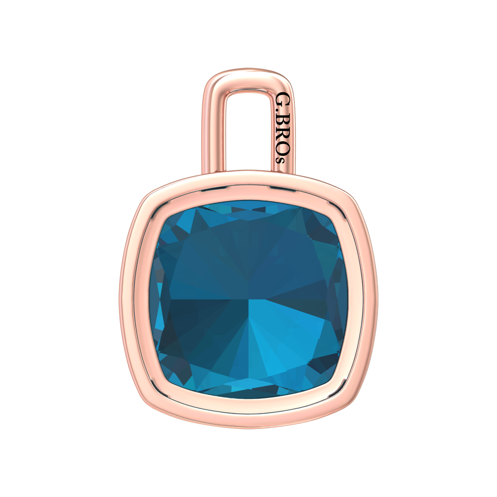 Nova pendant attachment in a plain bezel setting with cushion shaped London Blue Topaz Gardiner Brothers