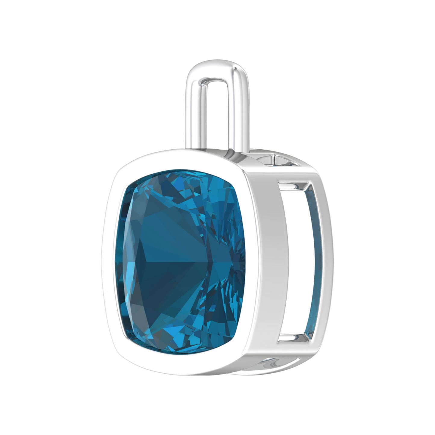 Nova pendant attachment in a plain bezel setting with cushion shaped London Blue Topaz Gardiner Brothers