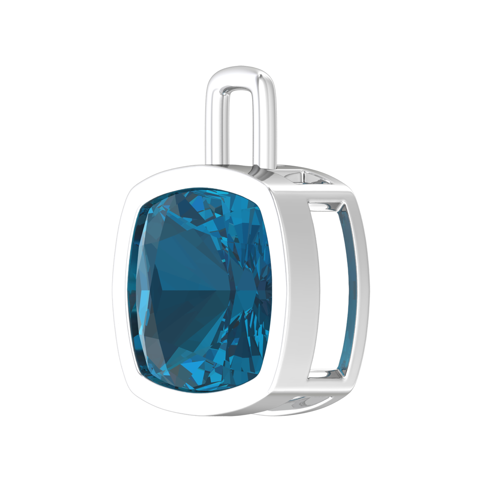 Nova pendant attachment in a plain bezel setting with cushion shaped London Blue Topaz Gardiner Brothers