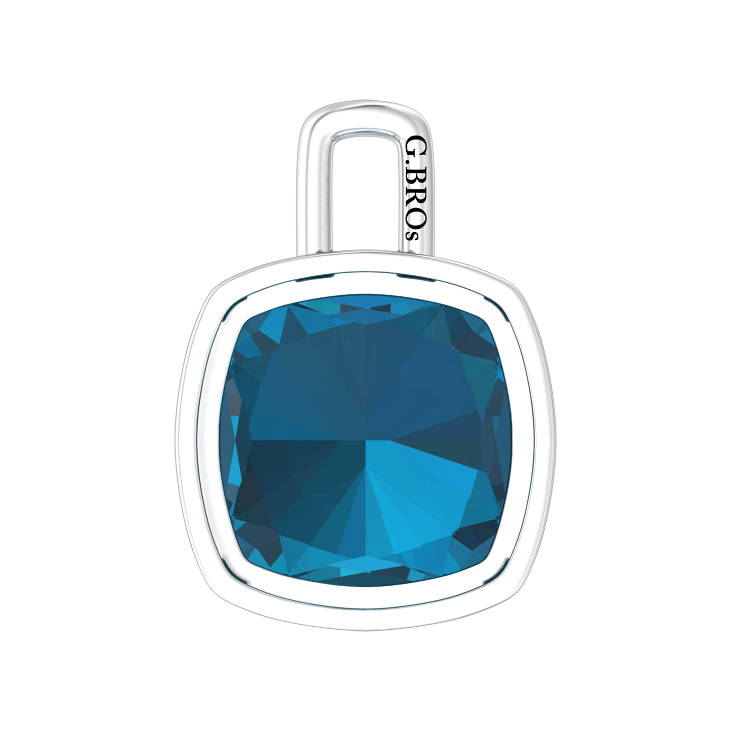 Nova pendant attachment in a plain bezel setting with cushion shaped London Blue Topaz Gardiner Brothers