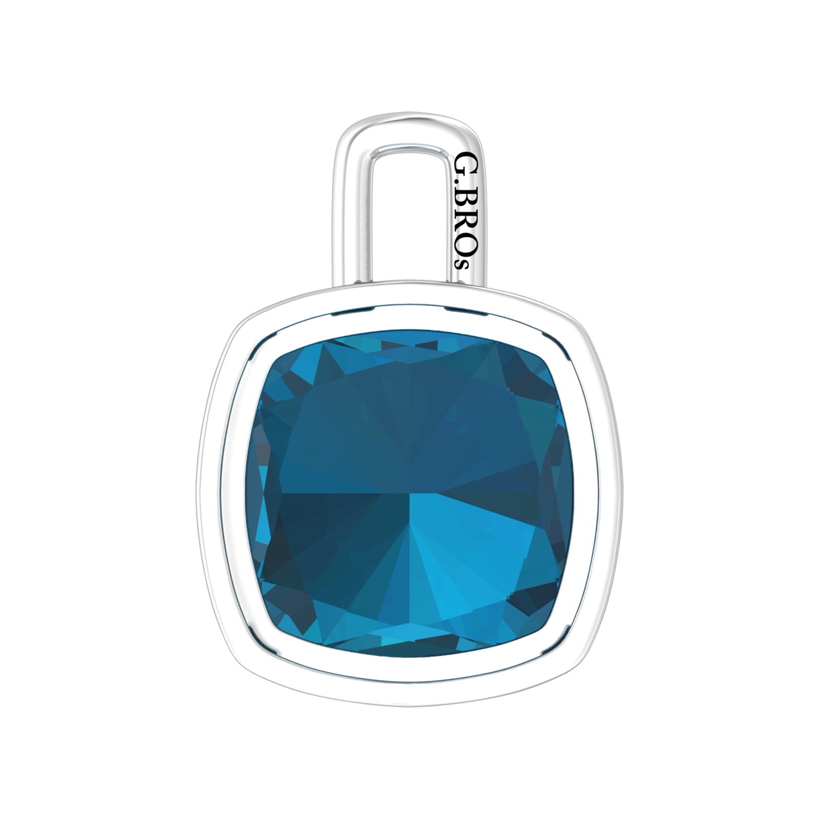 Nova pendant attachment in a plain bezel setting with cushion shaped London Blue Topaz Gardiner Brothers