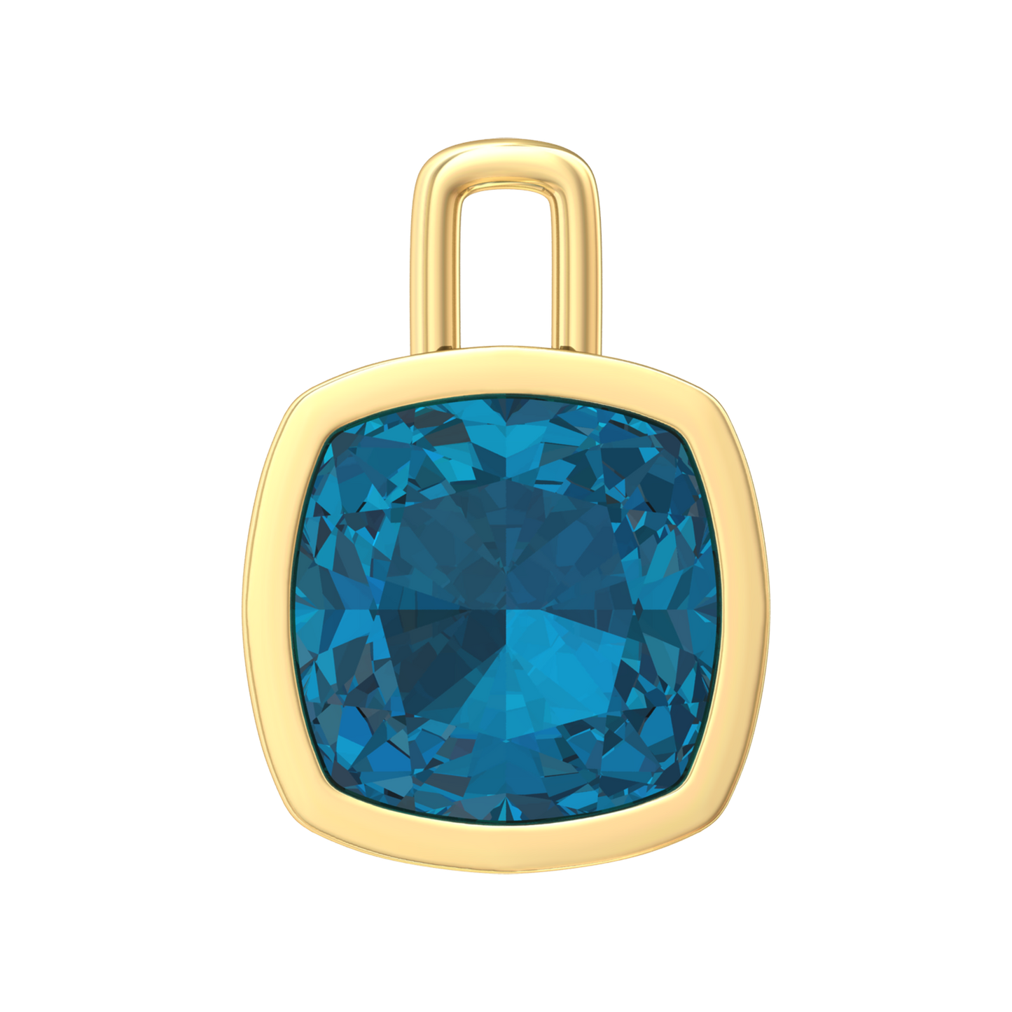 Nova pendant attachment in a plain bezel setting with cushion shaped London Blue Topaz Gardiner Brothers Yellow Gold