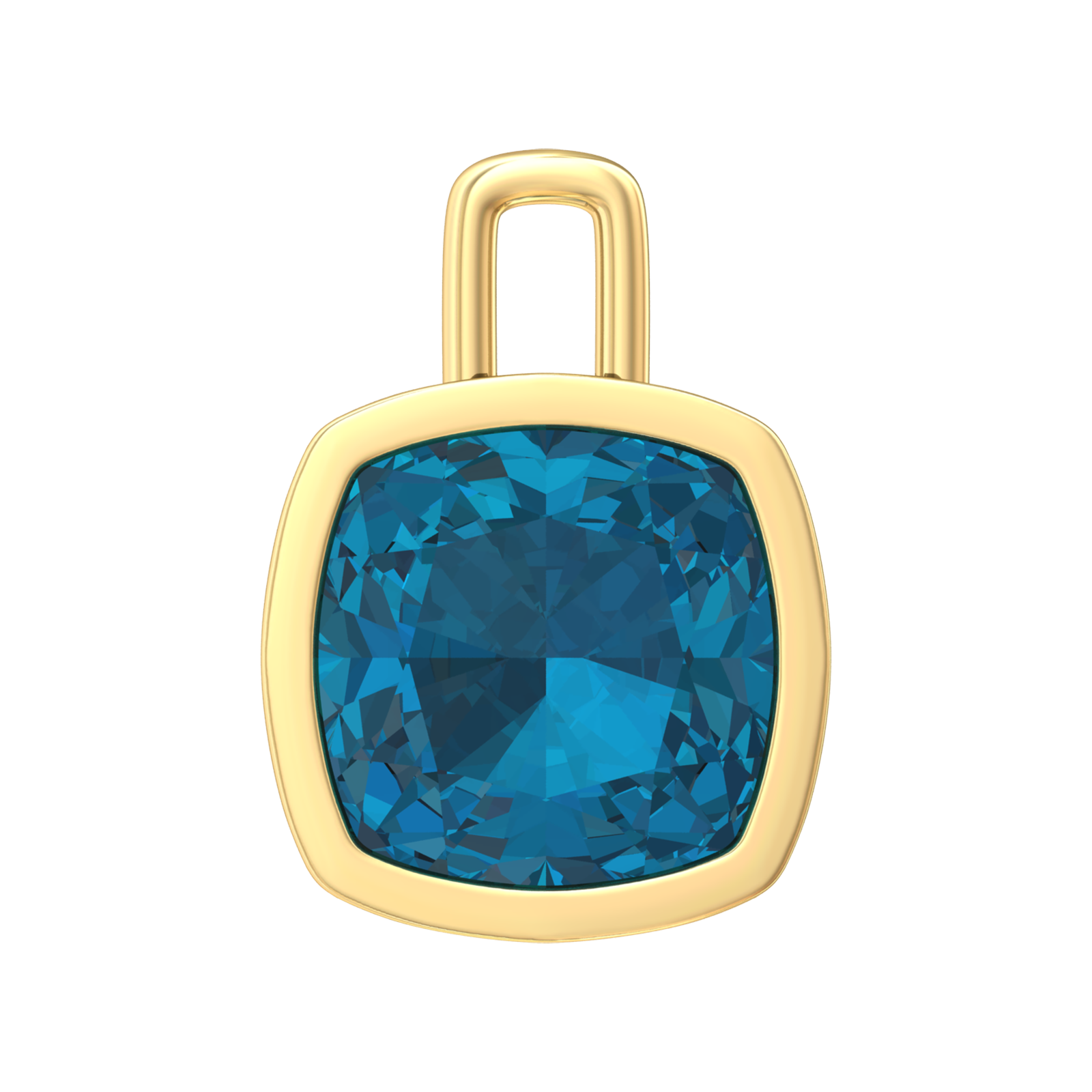 Nova pendant attachment in a plain bezel setting with cushion shaped London Blue Topaz Gardiner Brothers Yellow Gold
