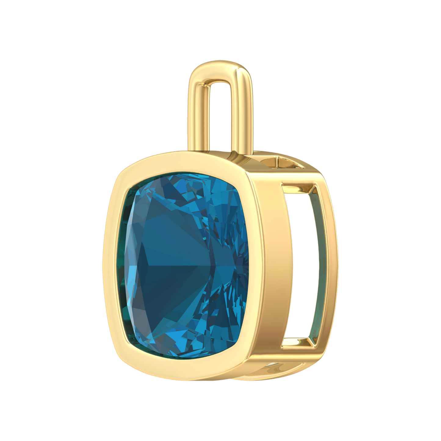 Nova pendant attachment in a plain bezel setting with cushion shaped London Blue Topaz Gardiner Brothers
