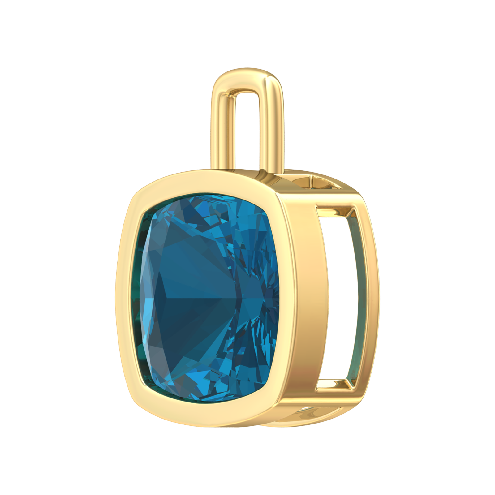 Nova pendant attachment in a plain bezel setting with cushion shaped London Blue Topaz Gardiner Brothers