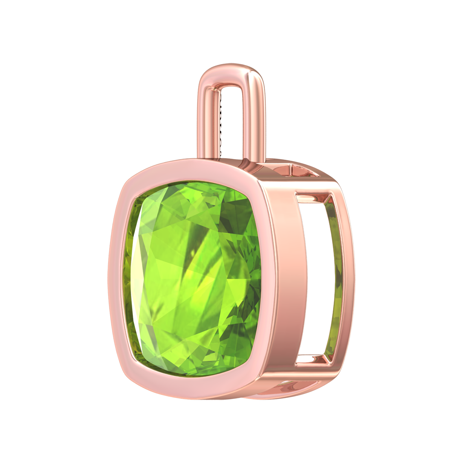 Nova pendant attachment in a plain bezel setting with cushion shaped Peridot Gardiner Brothers
