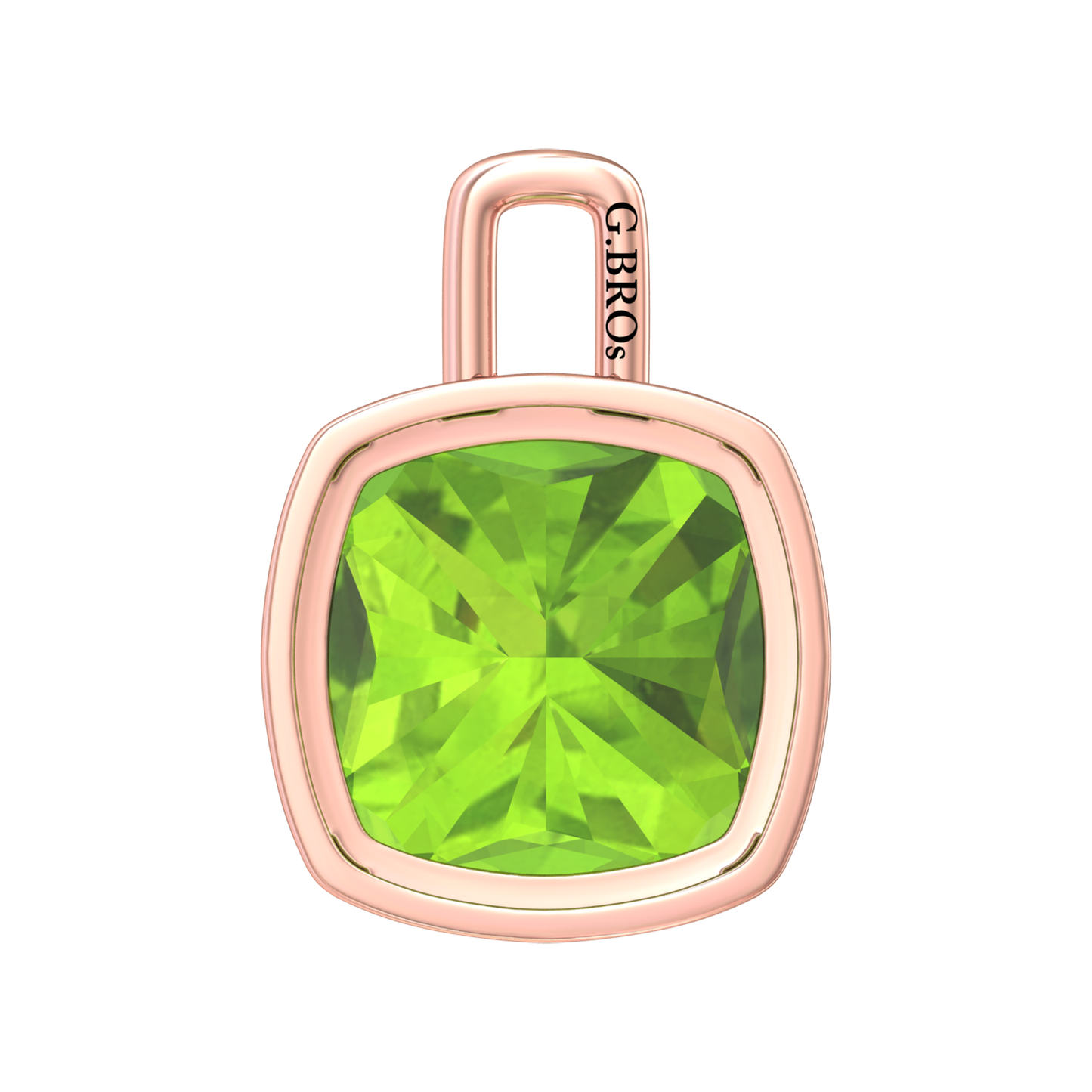 Nova pendant attachment in a plain bezel setting with cushion shaped Peridot Gardiner Brothers