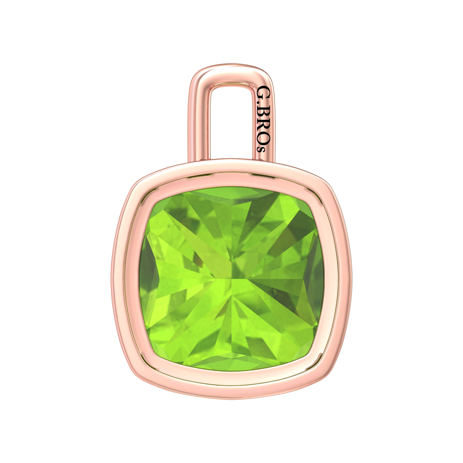 Nova pendant attachment in a plain bezel setting with cushion shaped Peridot Gardiner Brothers