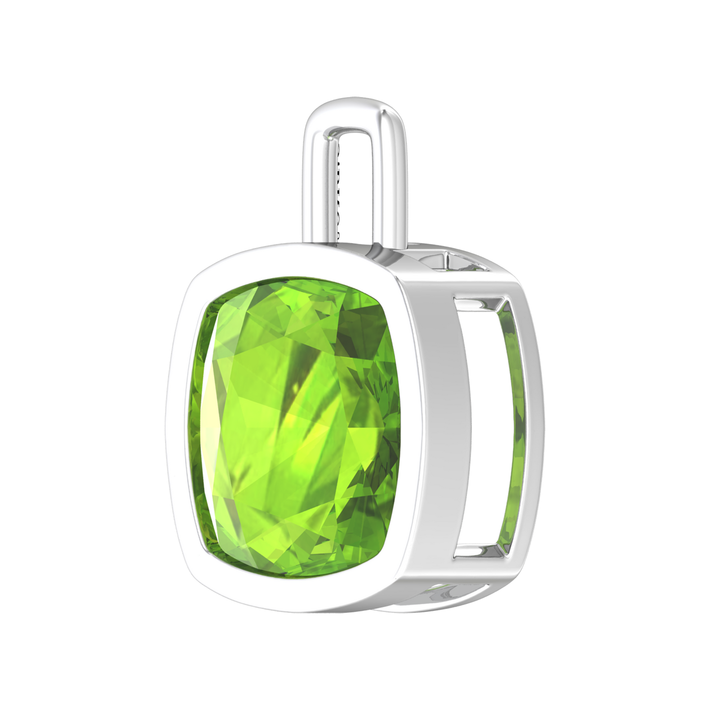 Nova pendant attachment in a plain bezel setting with cushion shaped Peridot Gardiner Brothers