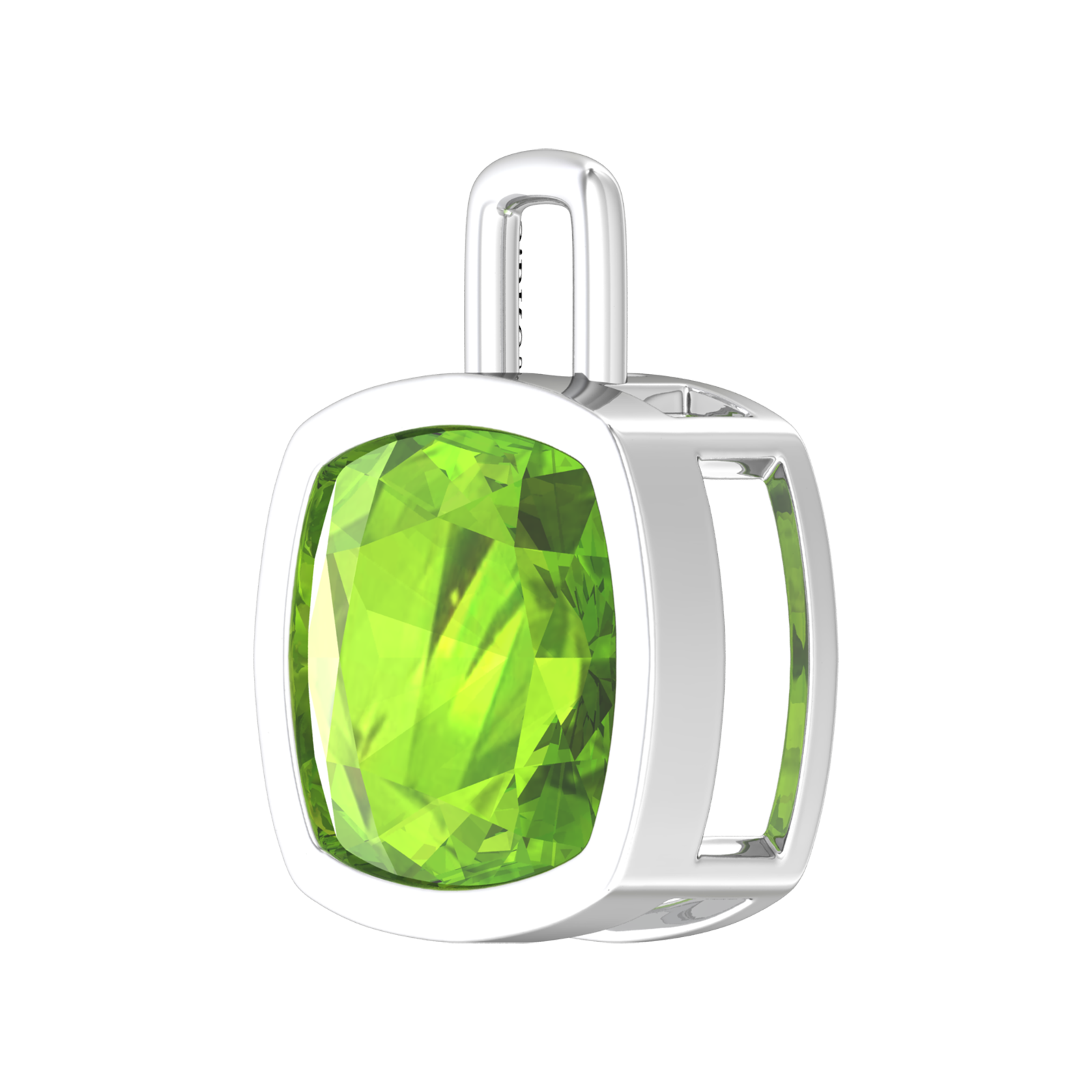 Nova pendant attachment in a plain bezel setting with cushion shaped Peridot Gardiner Brothers