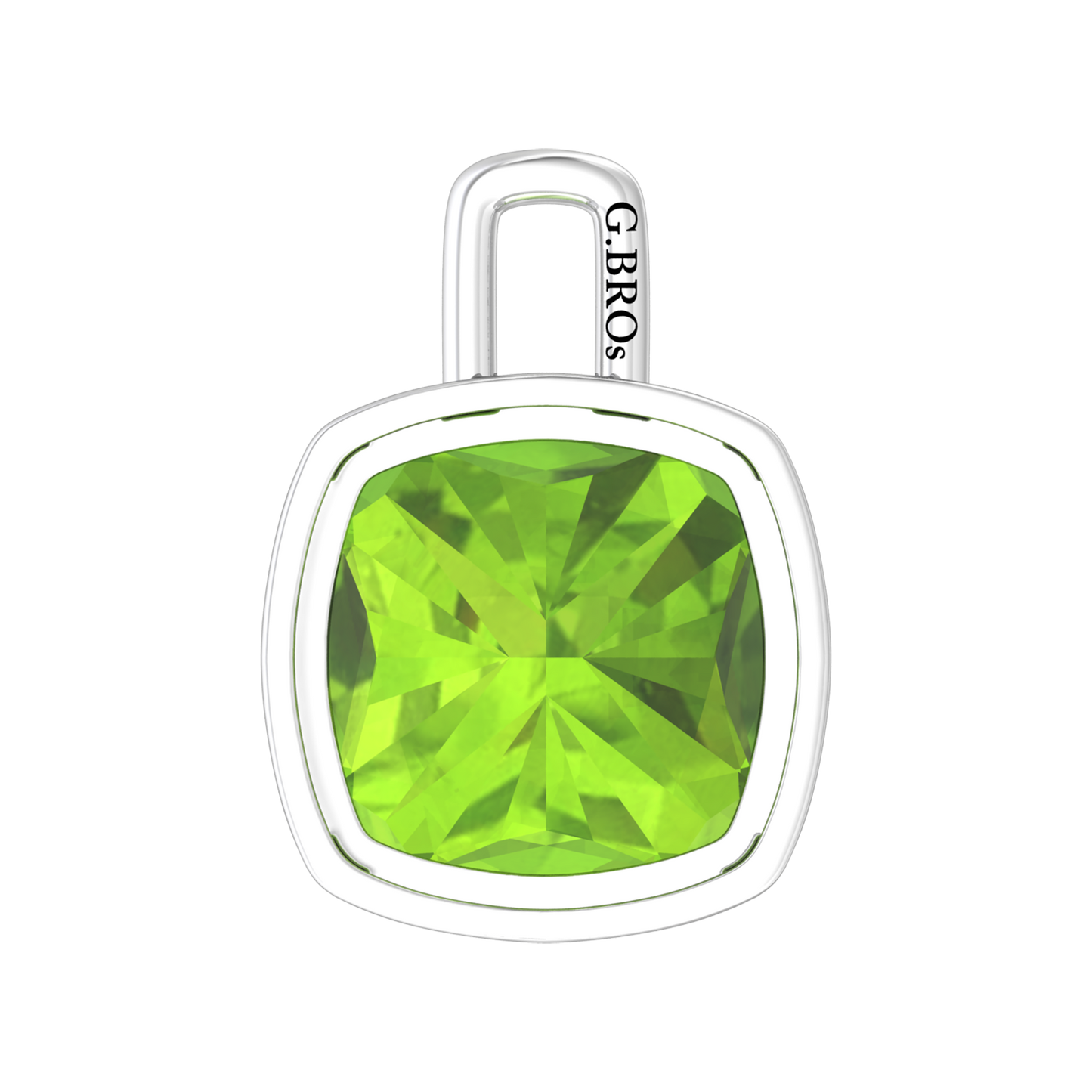Nova pendant attachment in a plain bezel setting with cushion shaped Peridot Gardiner Brothers