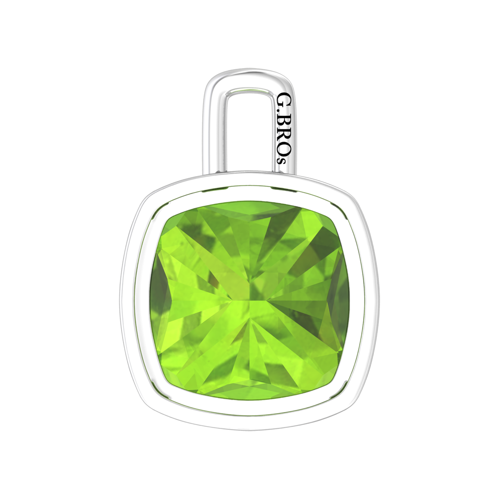 Nova pendant attachment in a plain bezel setting with cushion shaped Peridot Gardiner Brothers