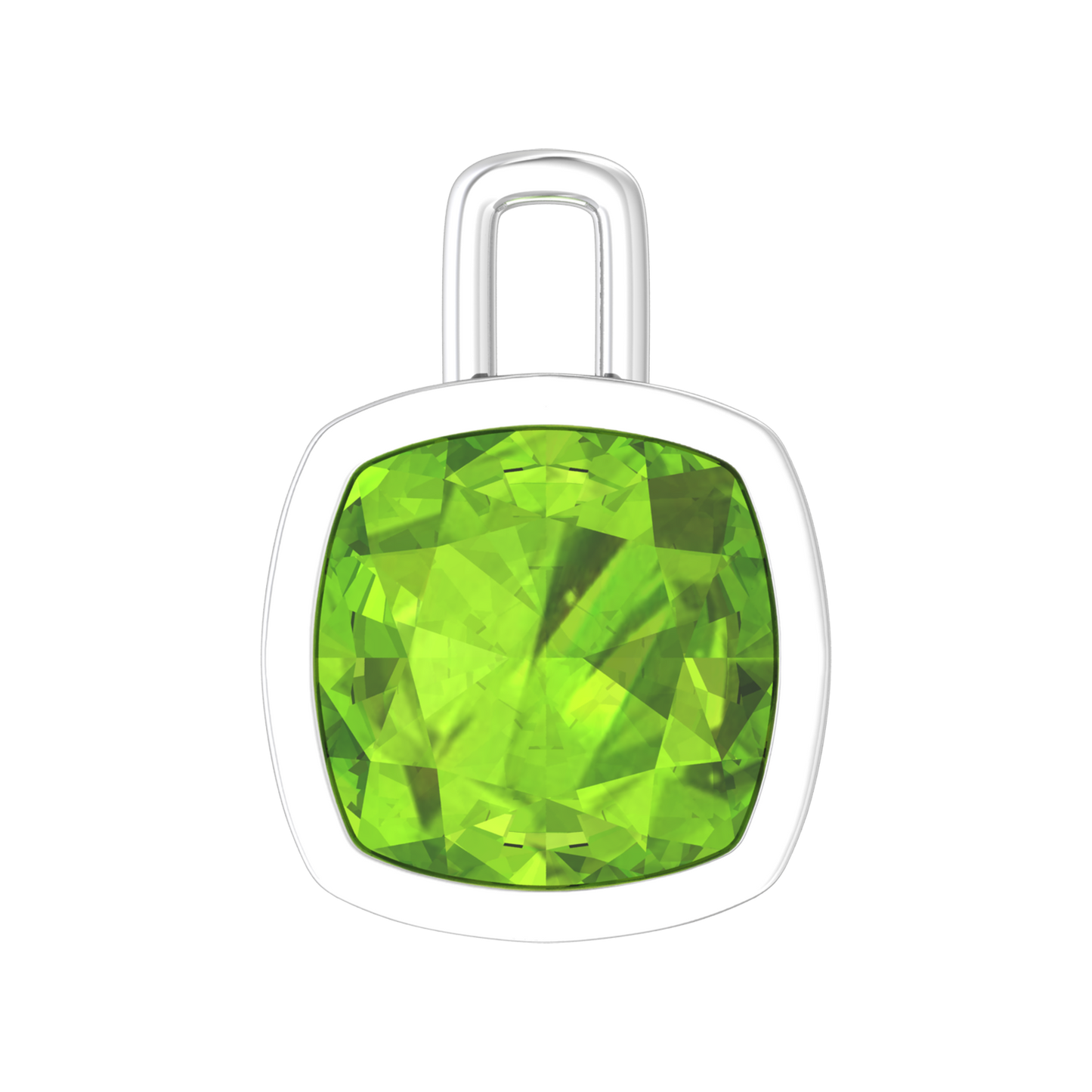 Nova pendant attachment in a plain bezel setting with cushion shaped Peridot Gardiner Brothers White Gold