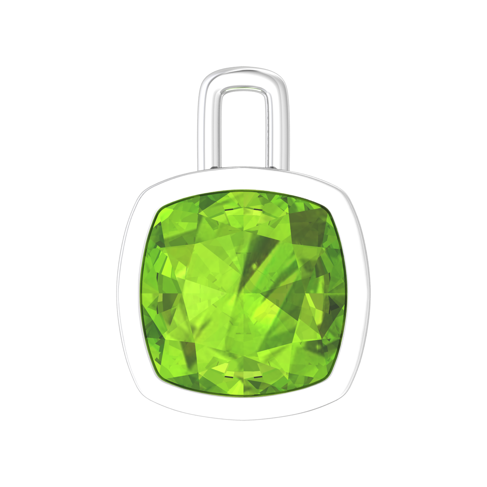 Nova pendant attachment in a plain bezel setting with cushion shaped Peridot Gardiner Brothers White Gold