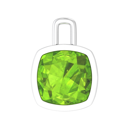 Nova pendant attachment in a plain bezel setting with cushion shaped Peridot Gardiner Brothers White Gold