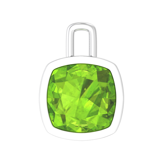 Nova pendant attachment in a plain bezel setting with cushion shaped Peridot Gardiner Brothers White Gold