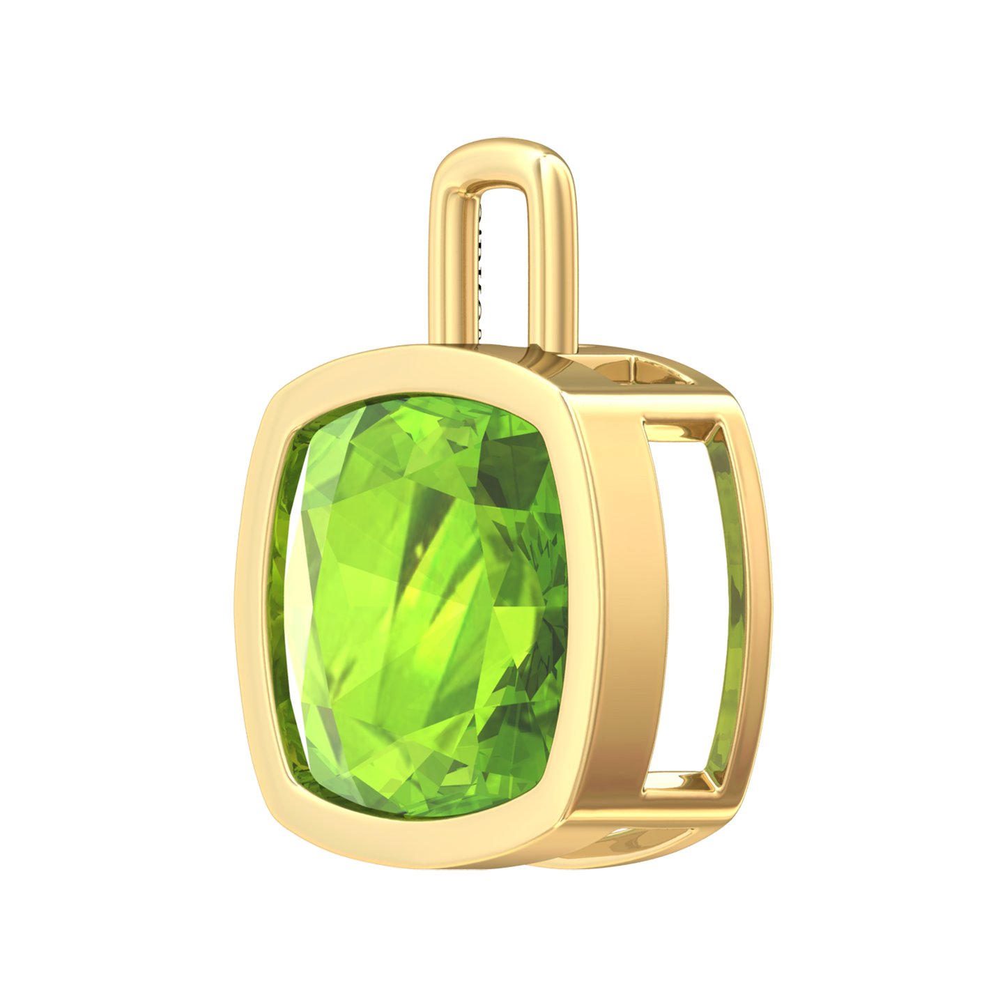 Nova pendant attachment in a plain bezel setting with cushion shaped Peridot Gardiner Brothers