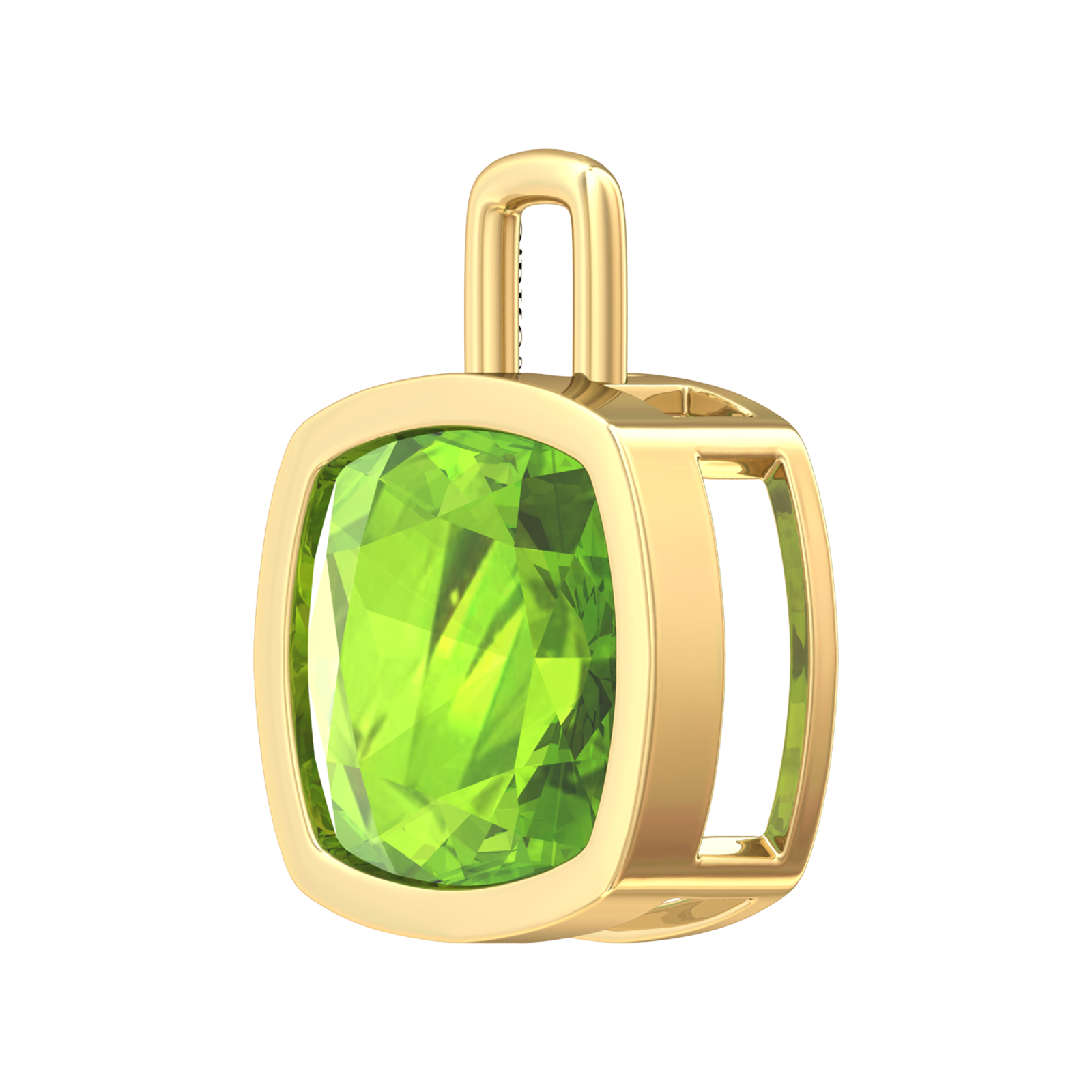 Nova pendant attachment in a plain bezel setting with cushion shaped Peridot Gardiner Brothers