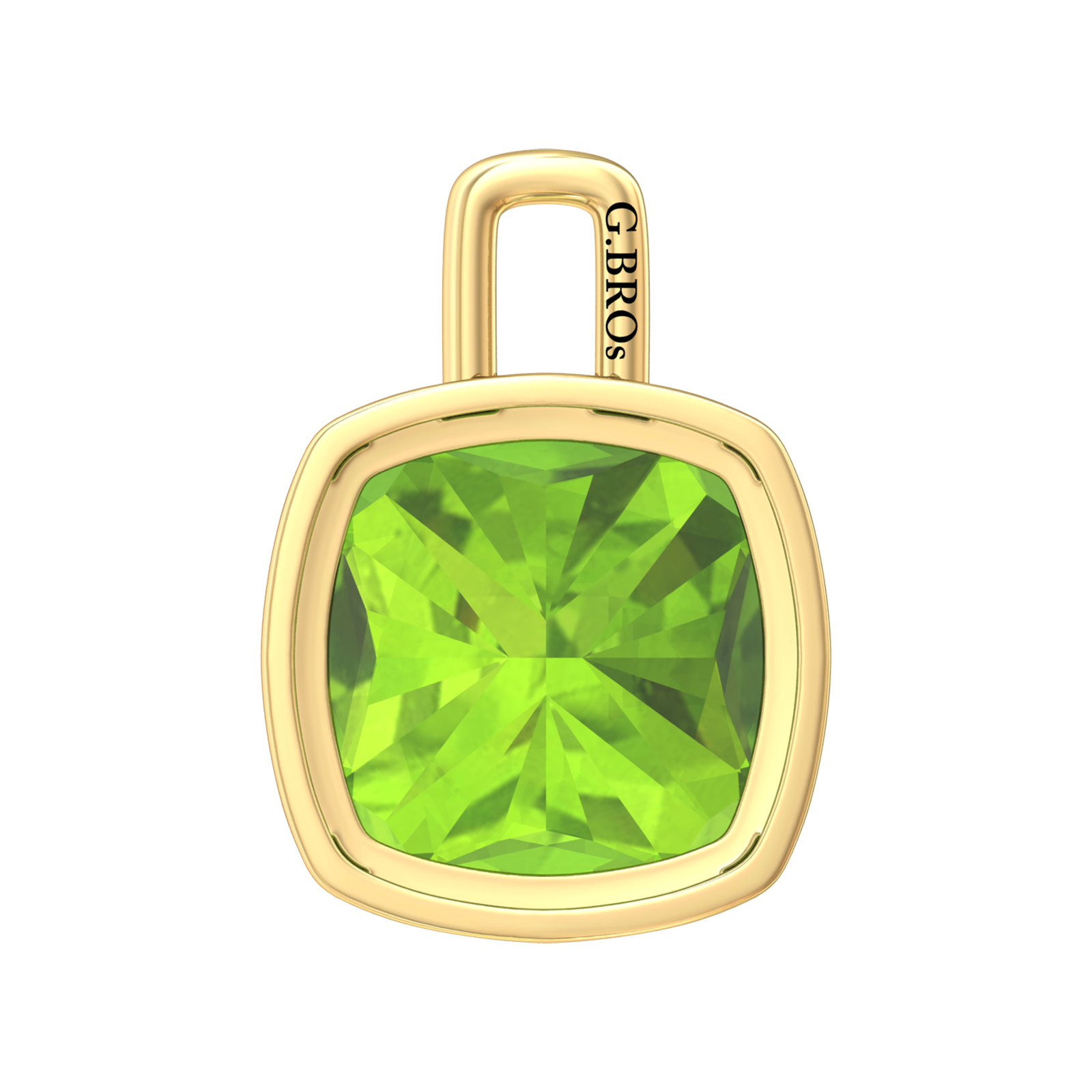 Nova pendant attachment in a plain bezel setting with cushion shaped Peridot Gardiner Brothers