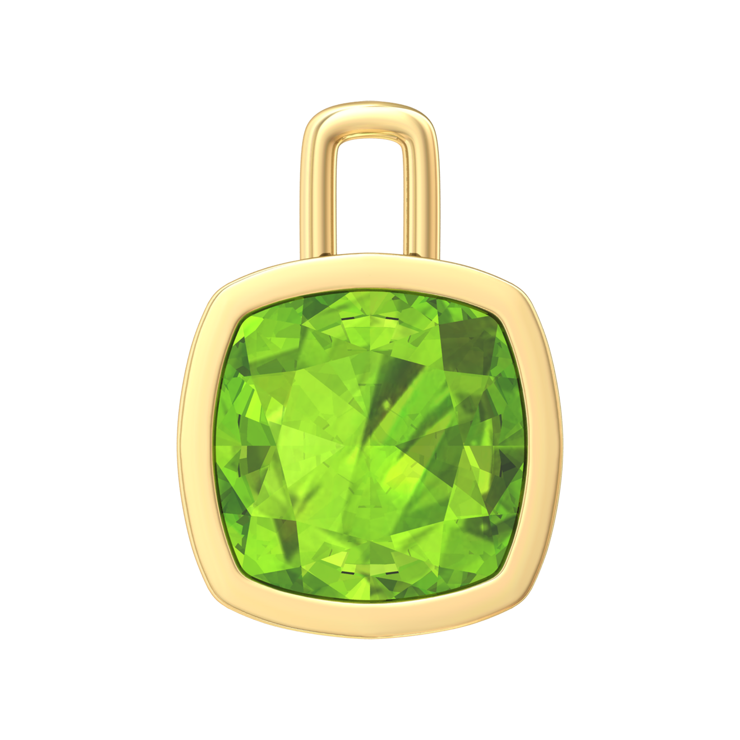 Nova pendant attachment in a plain bezel setting with cushion shaped Peridot Gardiner Brothers Yellow Gold