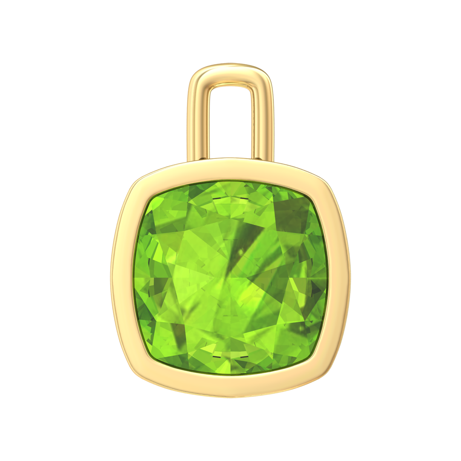 Nova pendant attachment in a plain bezel setting with cushion shaped Peridot Gardiner Brothers Yellow Gold