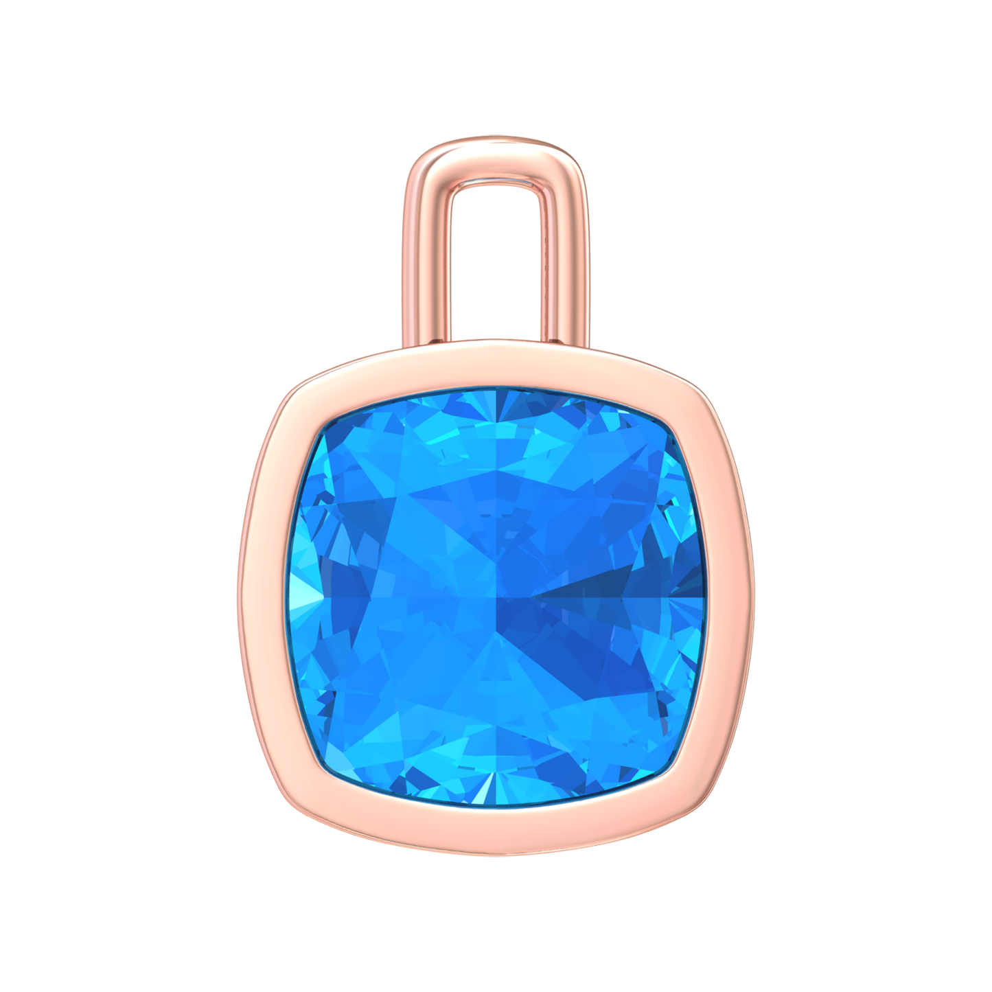 Nova pendant attachment in a plain bezel setting with cushion shaped Swiss Blue Topaz Gardiner Brothers Rose Gold