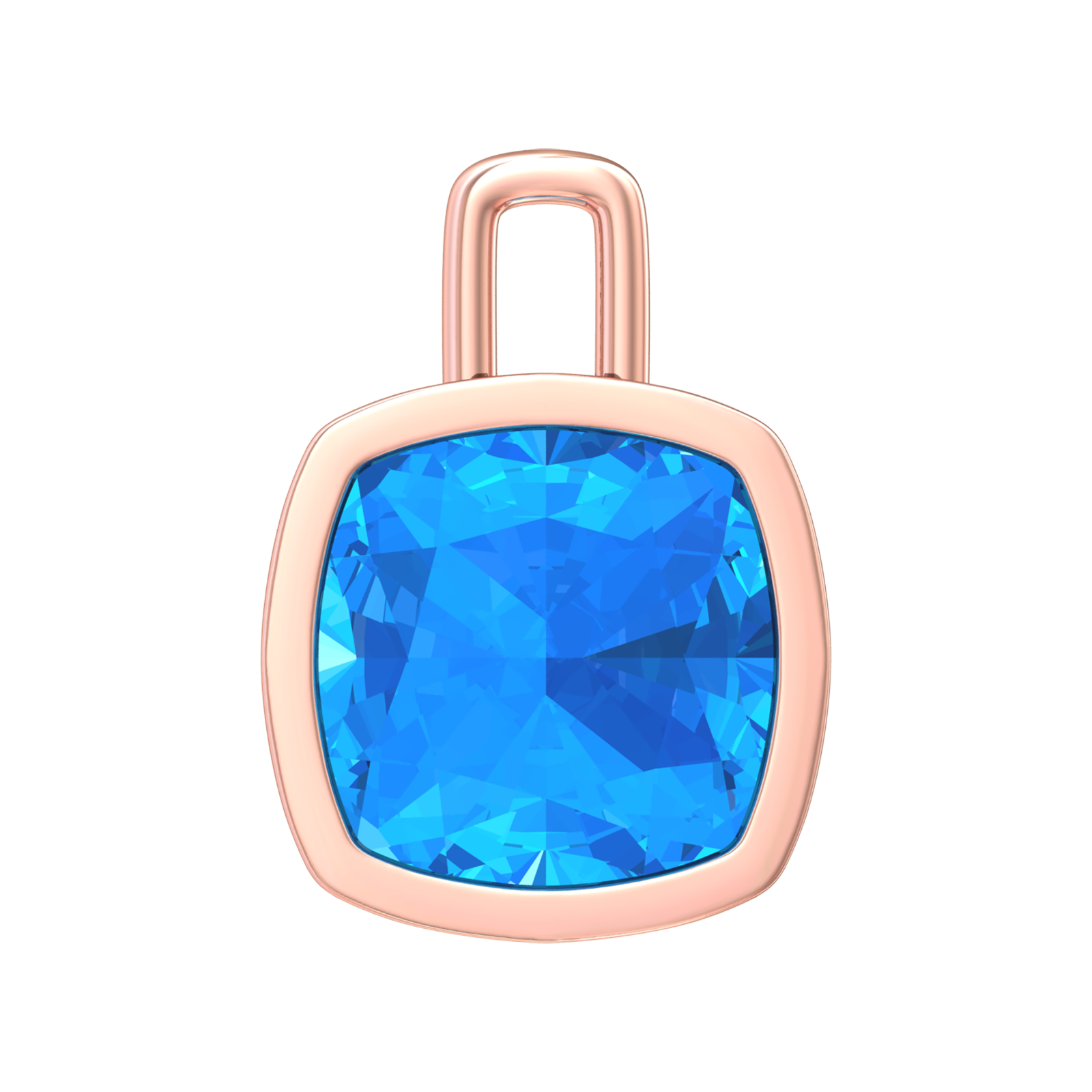 Nova pendant attachment in a plain bezel setting with cushion shaped Swiss Blue Topaz Gardiner Brothers Rose Gold