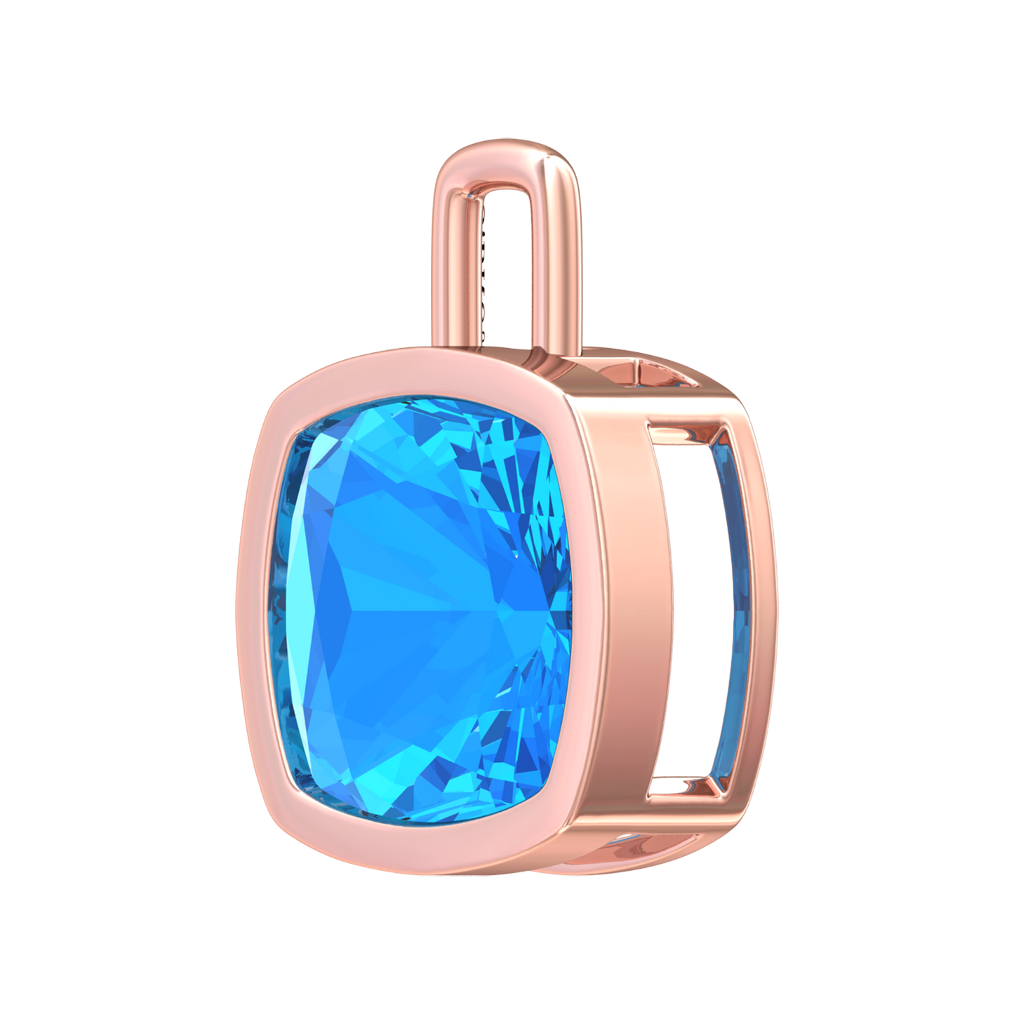 Nova pendant attachment in a plain bezel setting with cushion shaped Swiss Blue Topaz Gardiner Brothers
