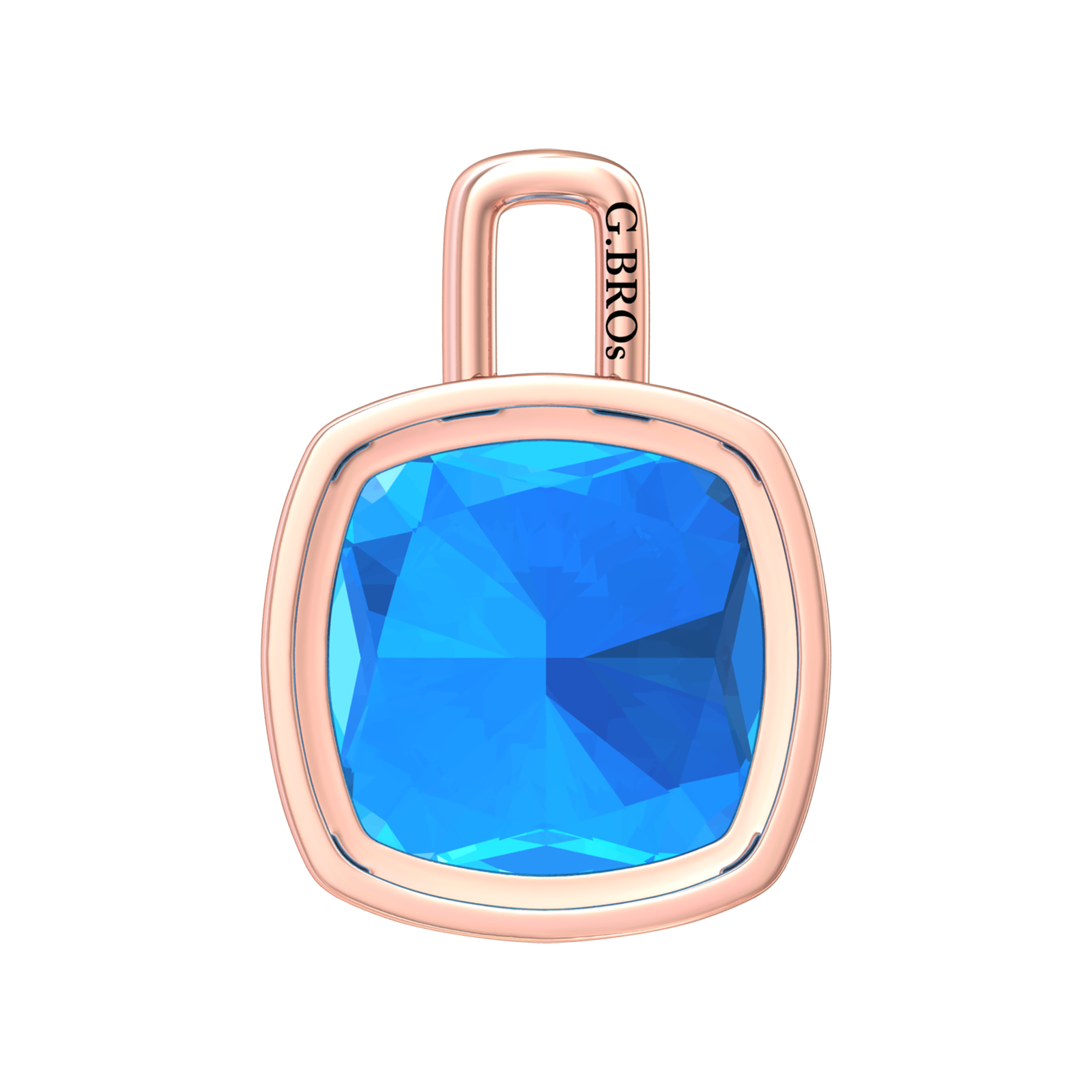 Nova pendant attachment in a plain bezel setting with cushion shaped Swiss Blue Topaz Gardiner Brothers