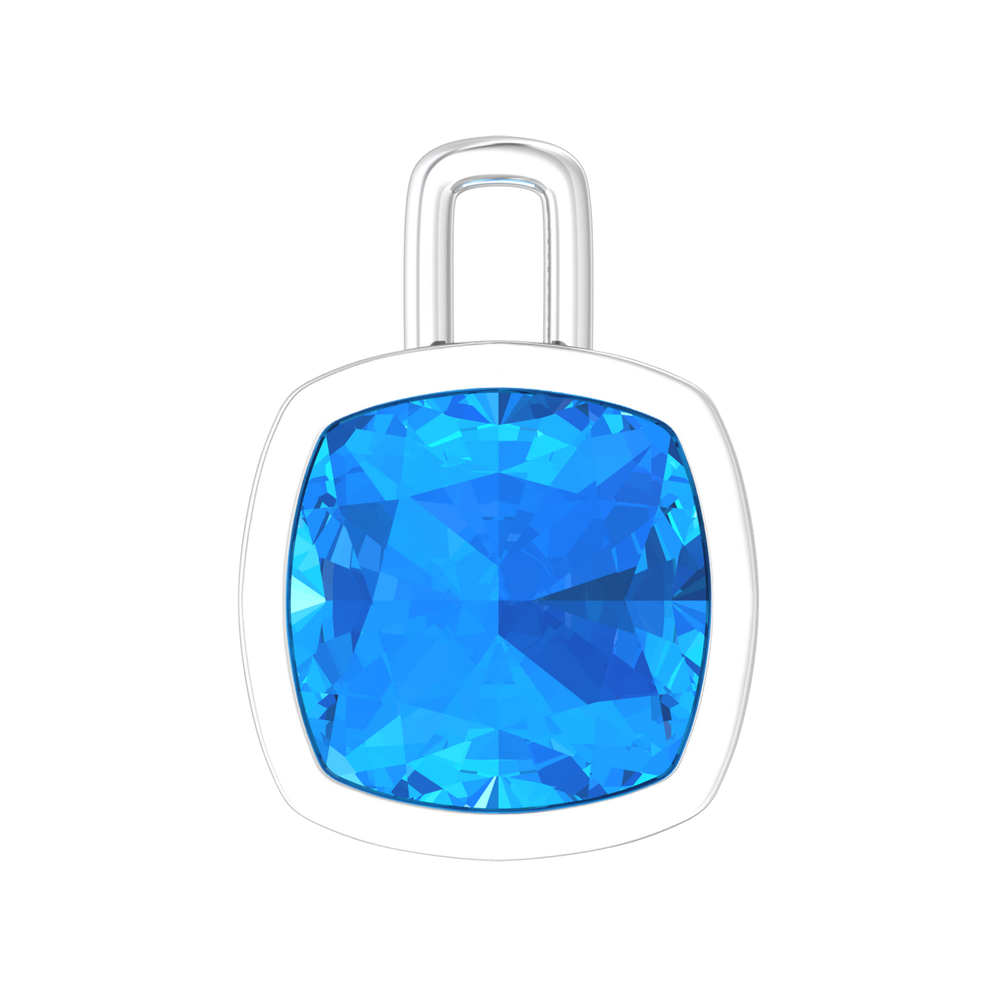 Nova pendant attachment in a plain bezel setting with cushion shaped Swiss Blue Topaz Gardiner Brothers White Gold