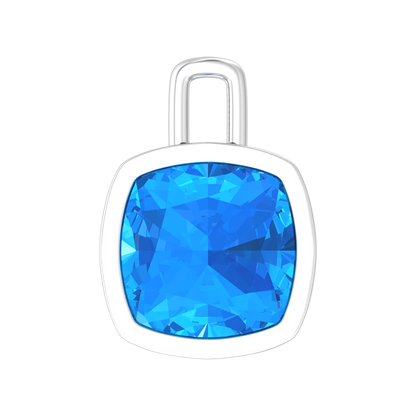 Nova pendant attachment in a plain bezel setting with cushion shaped Swiss Blue Topaz Gardiner Brothers White Gold