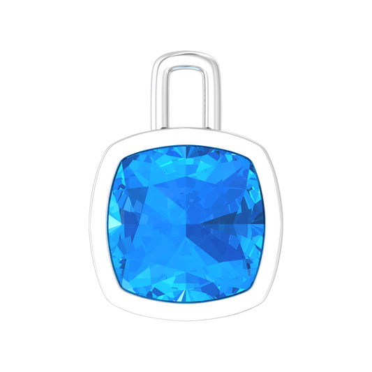 Nova pendant attachment in a plain bezel setting with cushion shaped Swiss Blue Topaz Gardiner Brothers White Gold