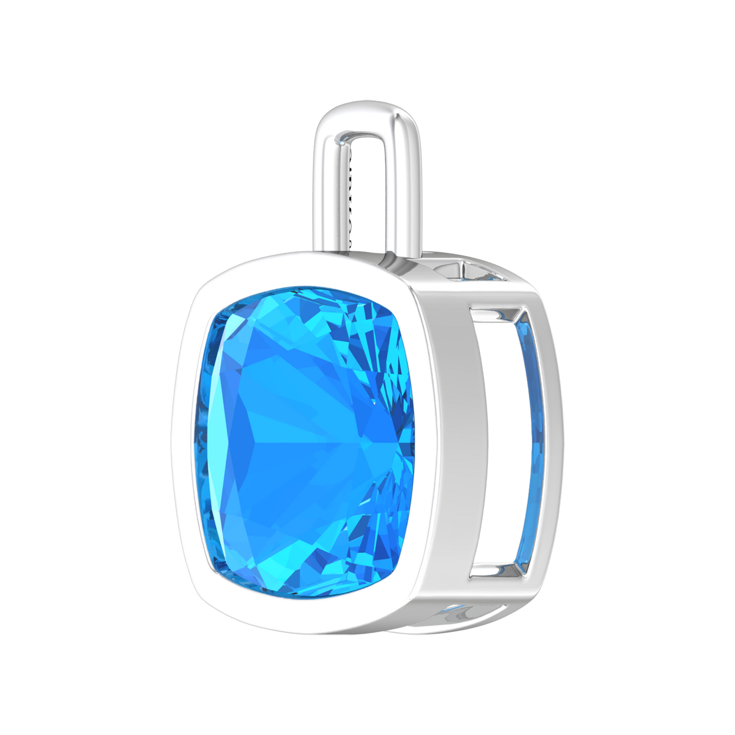 Nova pendant attachment in a plain bezel setting with cushion shaped Swiss Blue Topaz Gardiner Brothers