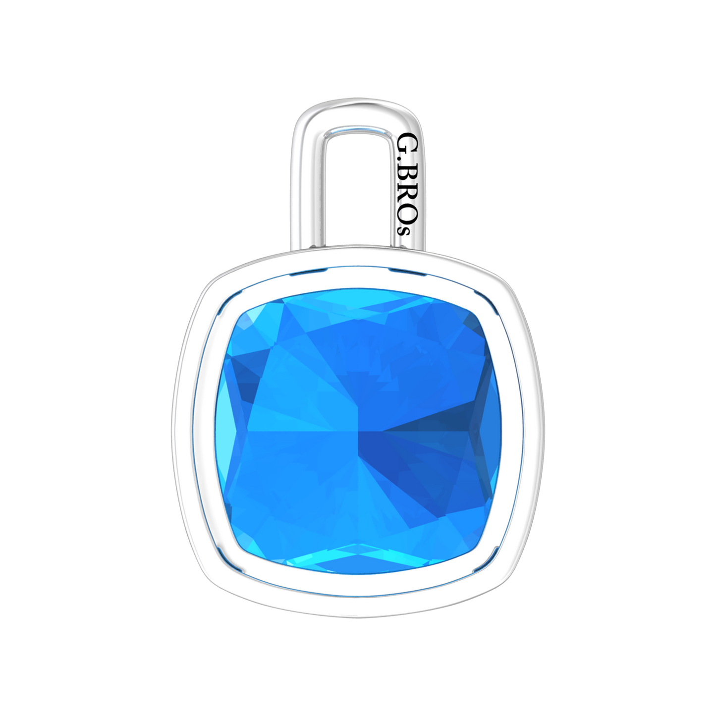 Nova pendant attachment in a plain bezel setting with cushion shaped Swiss Blue Topaz Gardiner Brothers