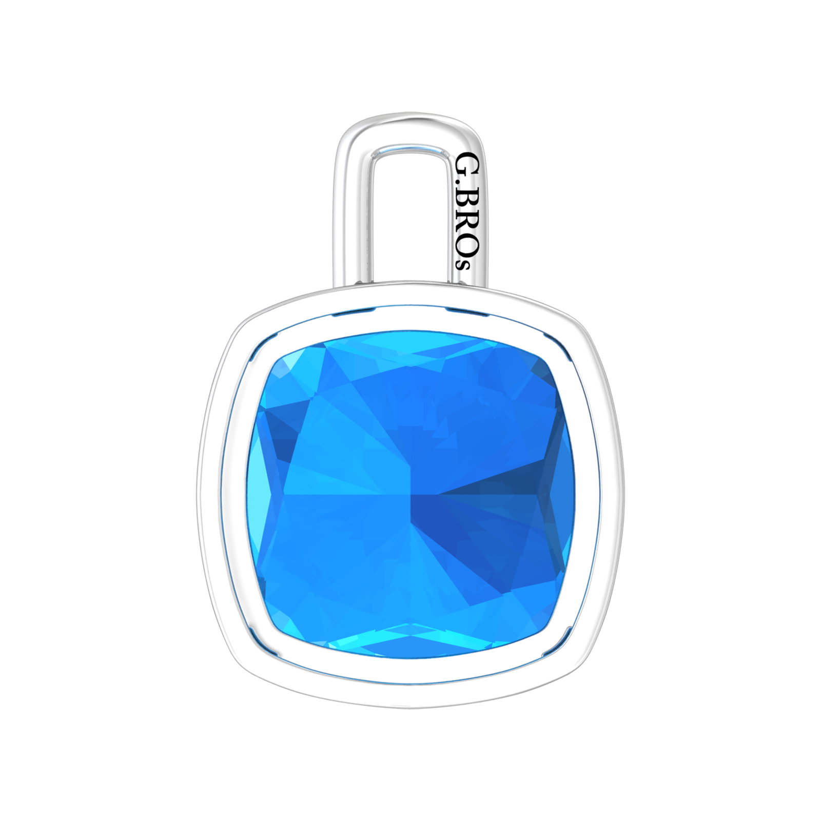 Nova pendant attachment in a plain bezel setting with cushion shaped Swiss Blue Topaz Gardiner Brothers