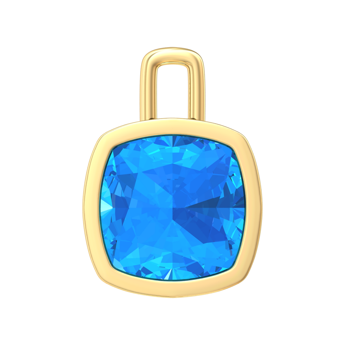 Nova pendant attachment in a plain bezel setting with cushion shaped Swiss Blue Topaz Gardiner Brothers Yellow Gold