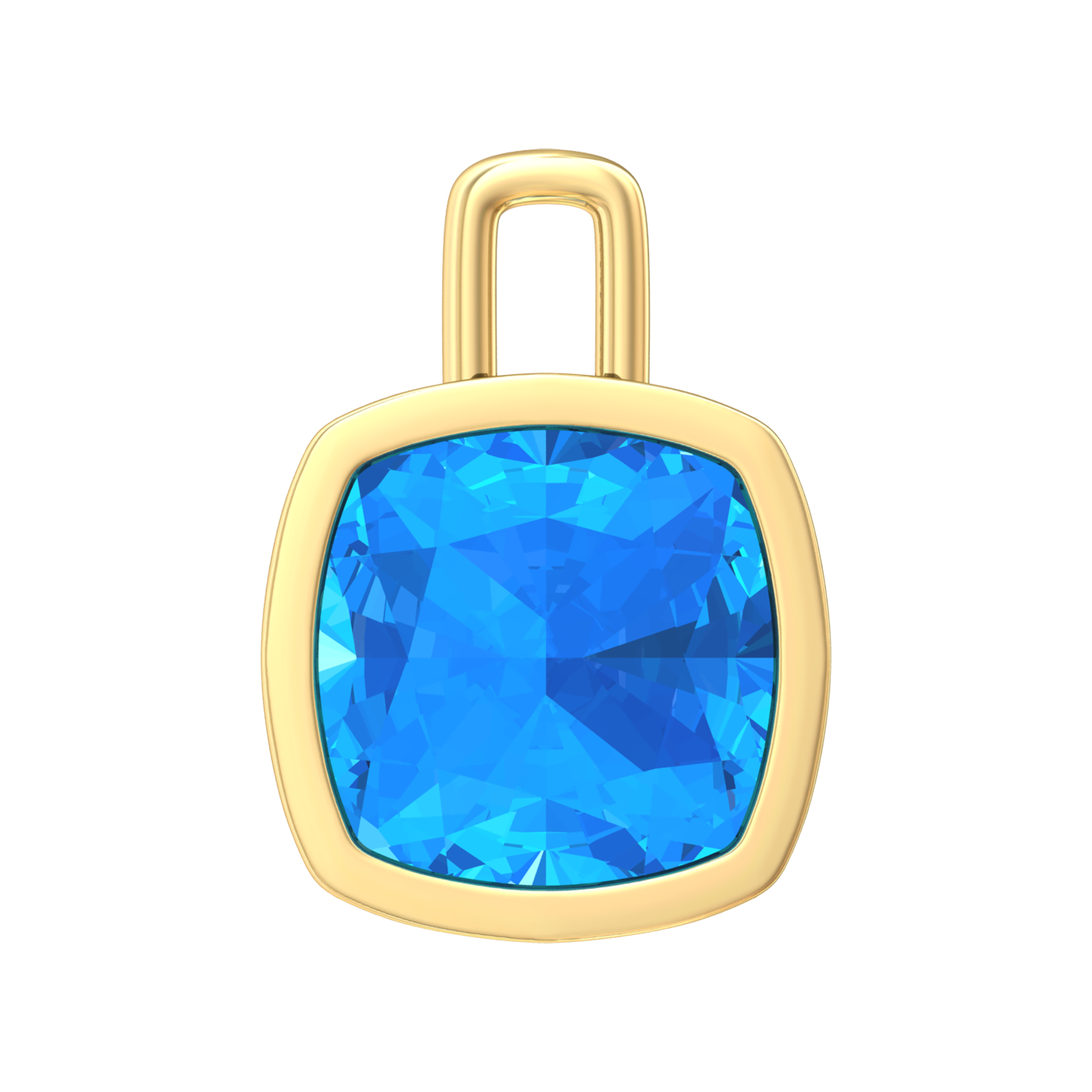 Nova pendant attachment in a plain bezel setting with cushion shaped Swiss Blue Topaz Gardiner Brothers Yellow Gold