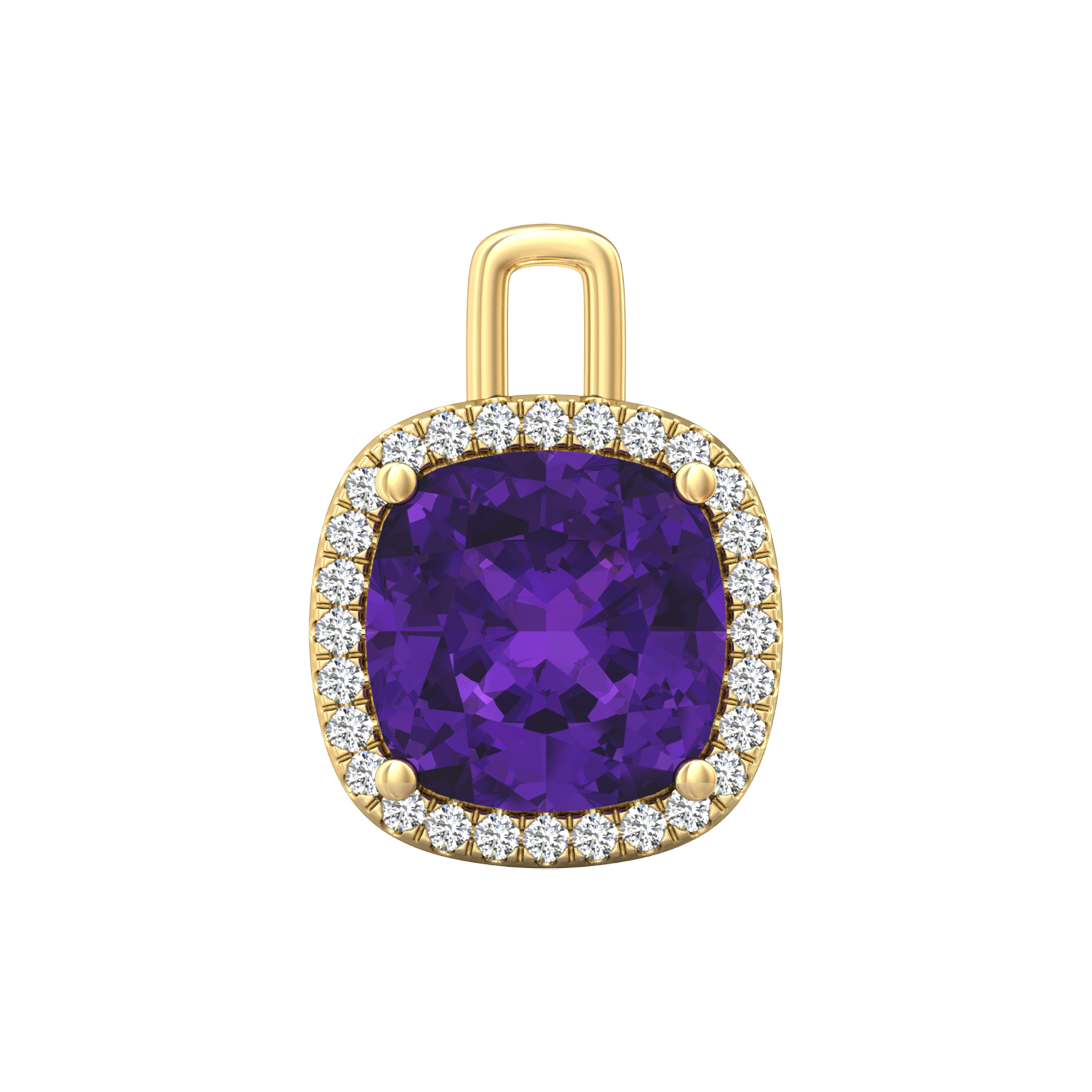 Nova diamond set pendant attachment set with a cushion shaped Amethyst Gardiner Brothers Yellow Gold