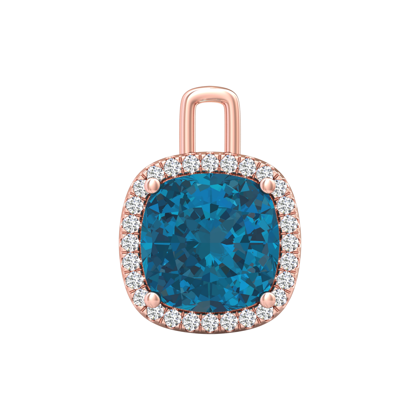 Nova diamond set pendant attachment set with a cushion shaped London Blue Topaz Gardiner Brothers Rose Gold