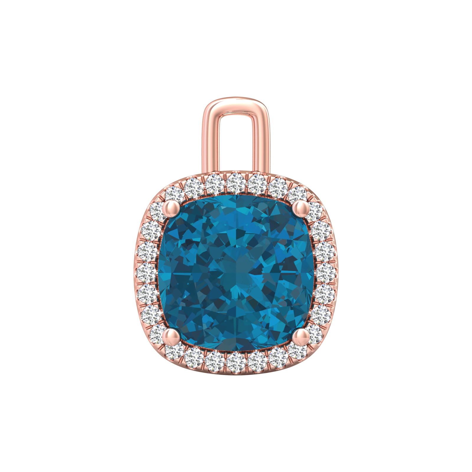 Nova diamond set pendant attachment set with a cushion shaped London Blue Topaz Gardiner Brothers Rose Gold