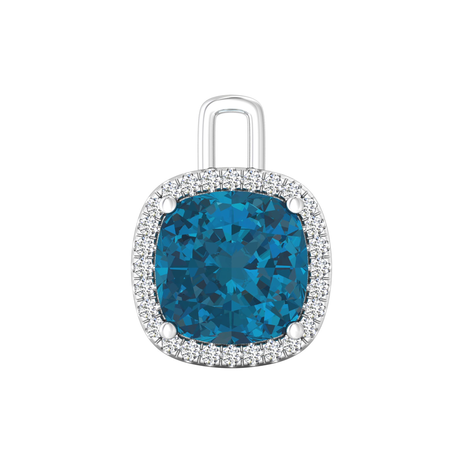 Nova diamond set pendant attachment set with a cushion shaped London Blue Topaz Gardiner Brothers White Gold